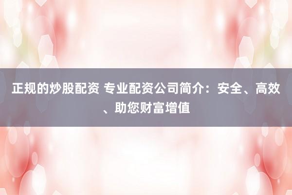 正规的炒股配资 专业配资公司简介：安全、高效、助您财富增值
